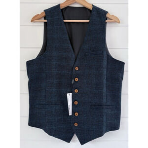 Blue Plaid Tweed Suit Vest Mens Small Waistcoat Formal V-neck Retro Dapper